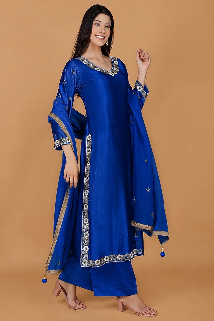 Royal Blue Katan Silk Cutdana Embroidered Kurta Set by Milu Madan at Pernia's Pop Up Shop