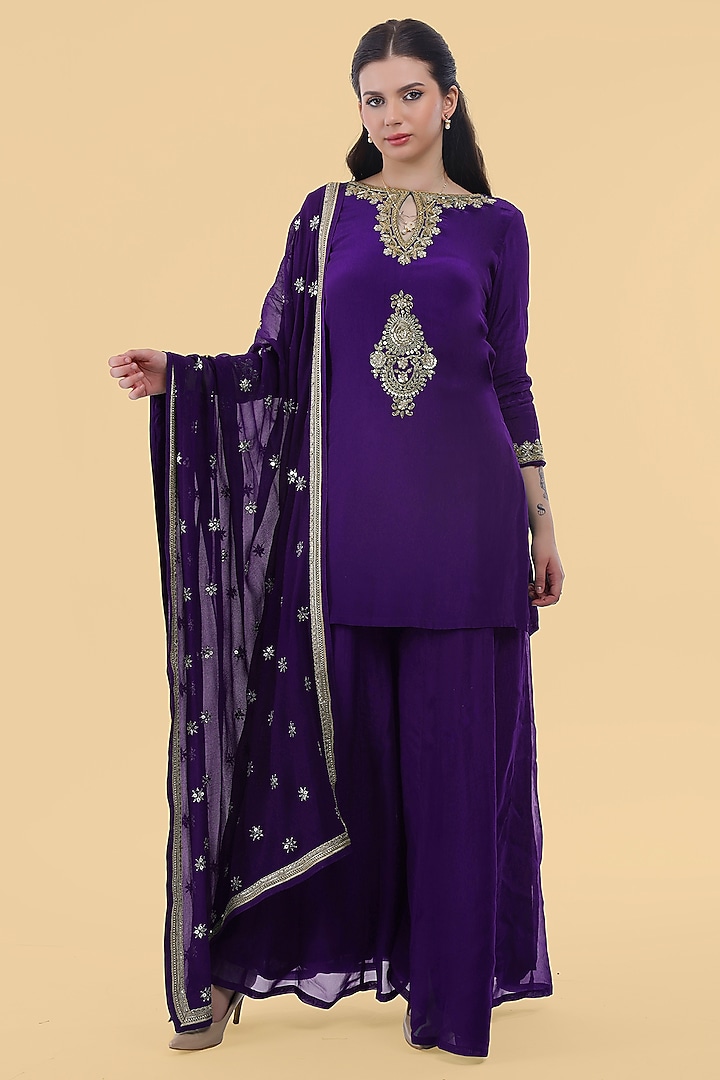 Purple Crepe Cutdana Embroidered Kurta Set by Milu Madan at Pernia's Pop Up Shop