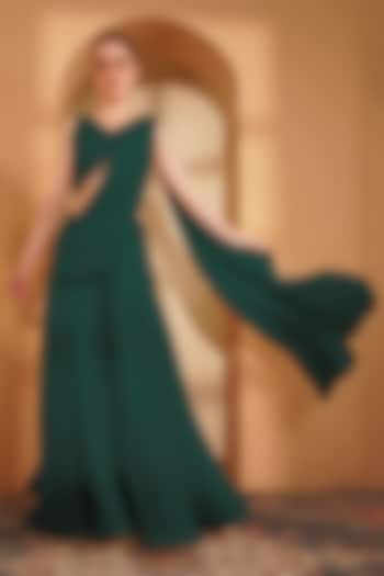 Dark Green Crepe Pearl Work Draped Wedding Sharara Set by Milu Madan at Pernia's Pop Up Shop