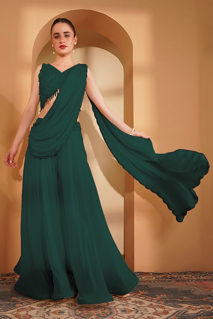 Dark Green Crepe Pearl Work Draped Wedding Sharara Set by Milu Madan at Pernia's Pop Up Shop