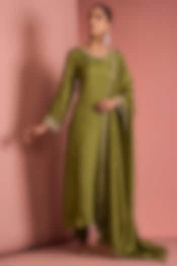 Mehendi Green Viscose Silk Cutdana Embroidered Kurta Set by Milu Madan at Pernia's Pop Up Shop