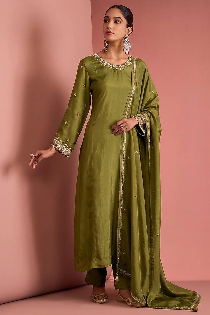 Mehendi Green Viscose Silk Cutdana Embroidered Kurta Set by Milu Madan at Pernia's Pop Up Shop