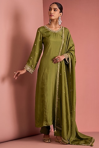 Mehendi Green Viscose Silk Cutdana Embroidered Kurta Set by Milu Madan