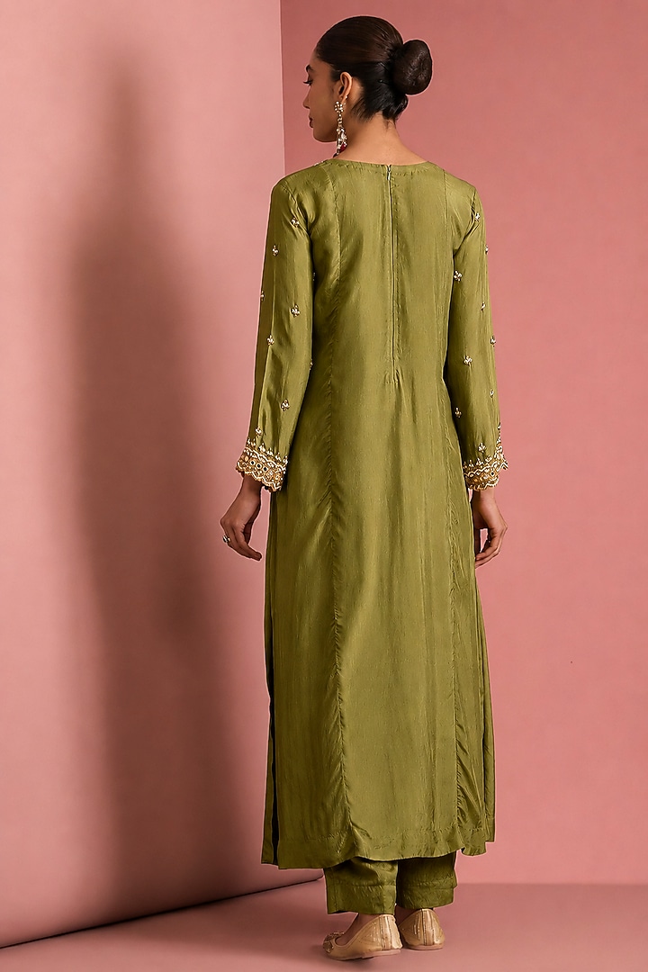 Mehendi Green Viscose Silk Cutdana Embroidered Kurta Set by Milu Madan at Pernia's Pop Up Shop