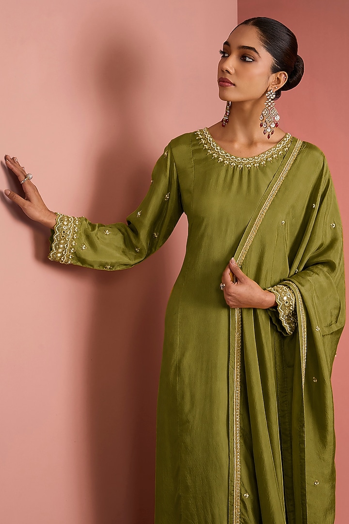 Mehendi Green Viscose Silk Cutdana Embroidered Kurta Set by Milu Madan at Pernia's Pop Up Shop