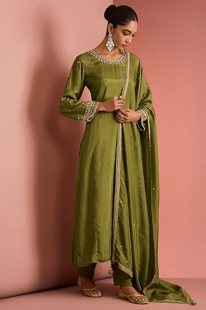Mehendi Green Viscose Silk Cutdana Embroidered Kurta Set by Milu Madan at Pernia's Pop Up Shop