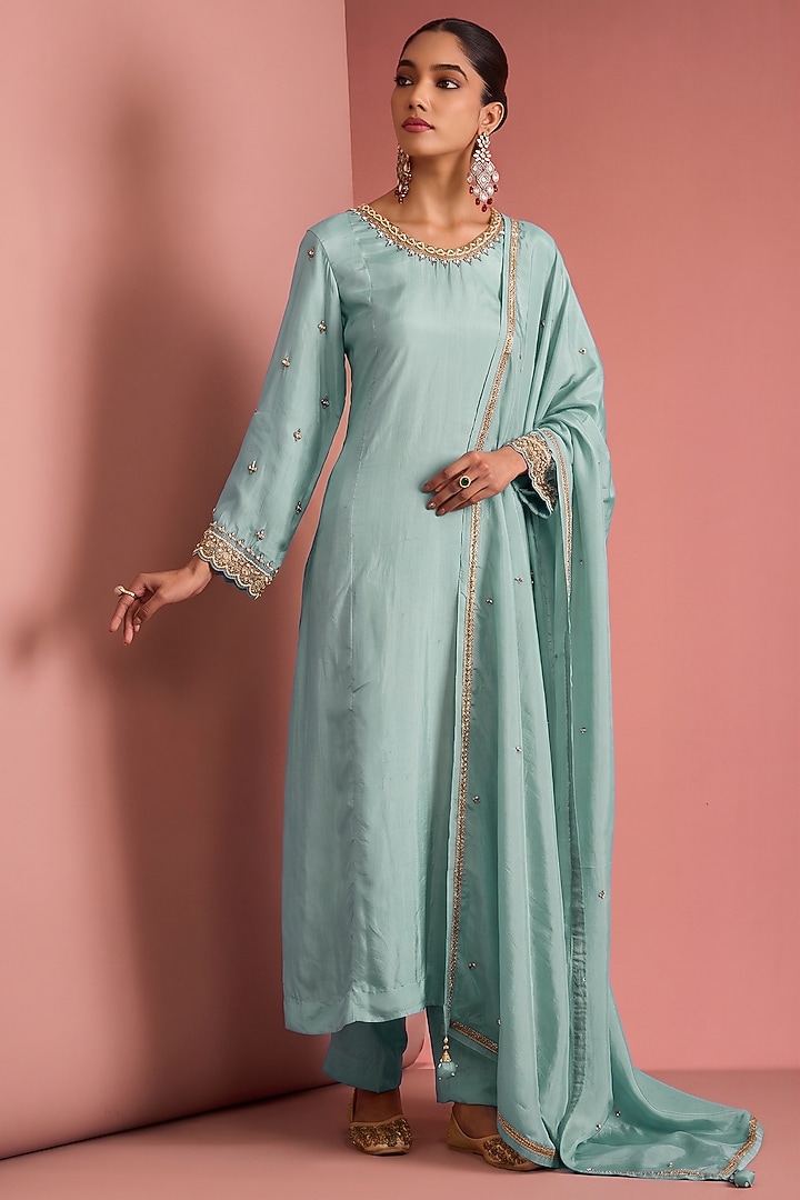 Blue Viscose Silk Cutdana Embroidered Kurta Set by Milu Madan at Pernia's Pop Up Shop