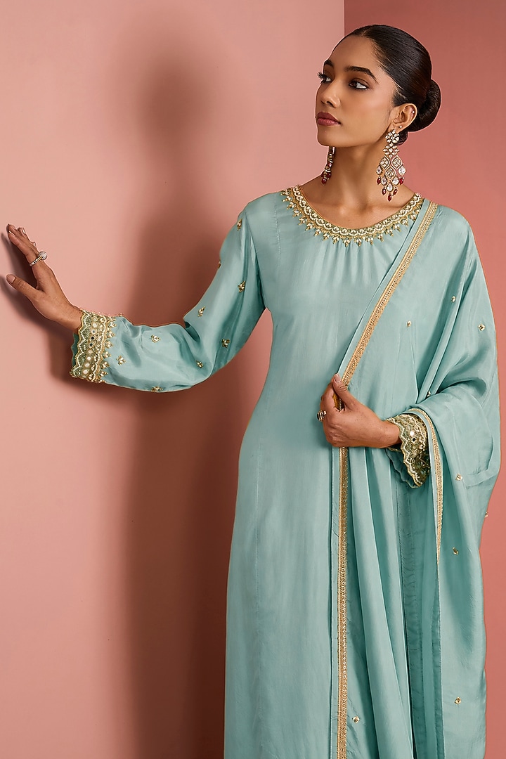 Blue Viscose Silk Cutdana Embroidered Kurta Set by Milu Madan at Pernia's Pop Up Shop