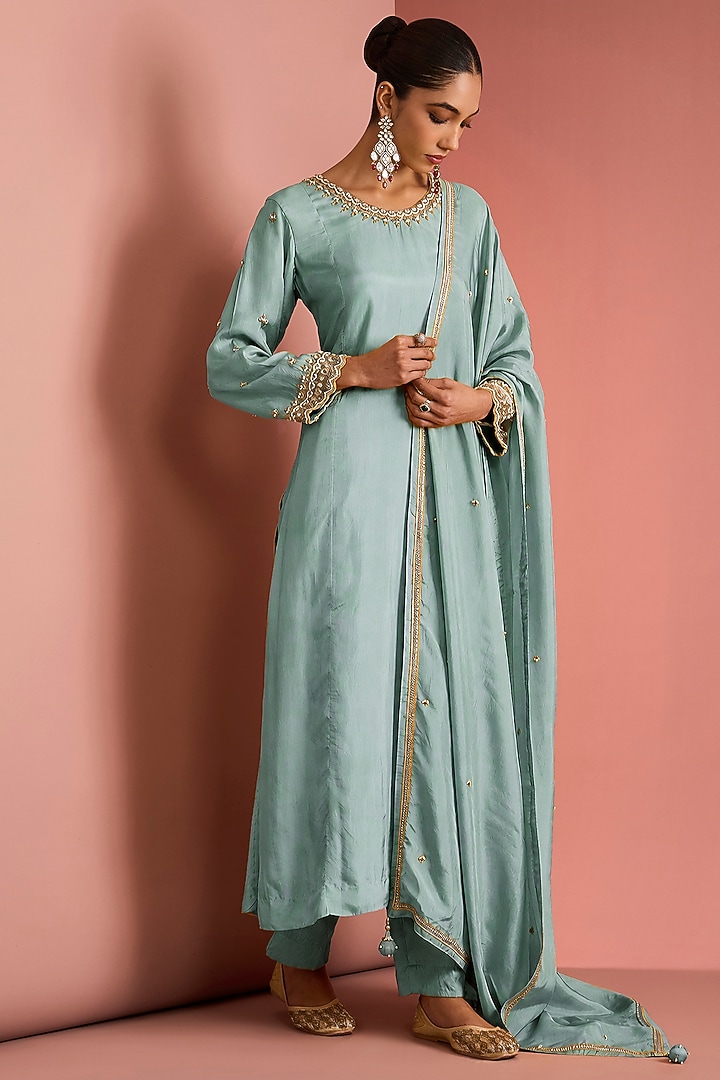 Blue Viscose Silk Cutdana Embroidered Kurta Set by Milu Madan at Pernia's Pop Up Shop