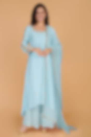 Light Blue Katan Silk Crystal Embroidered A-line Kurta Set by Milu Madan at Pernia's Pop Up Shop