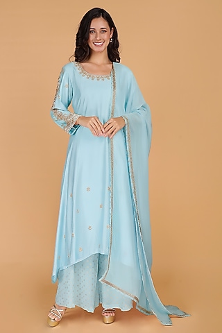 Light Blue Katan Silk Crystal Embroidered A-line Kurta Set by Milu Madan
