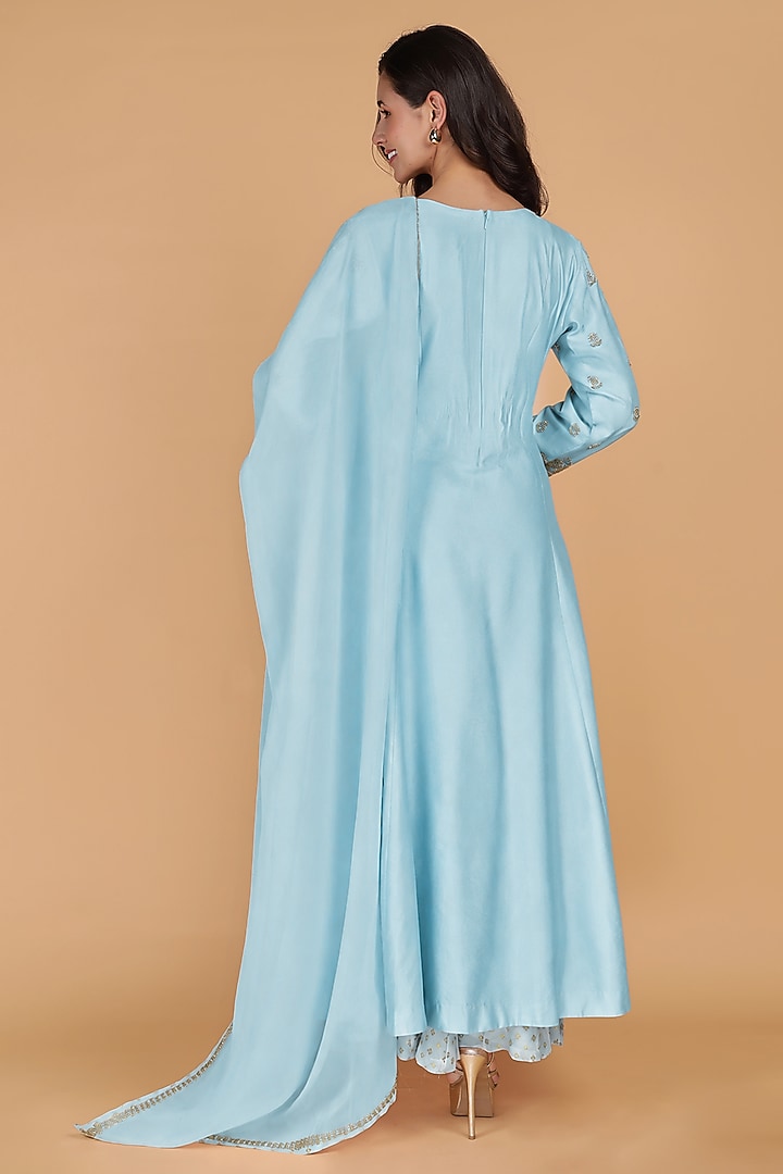 Light Blue Katan Silk Crystal Embroidered A-line Kurta Set by Milu Madan at Pernia's Pop Up Shop