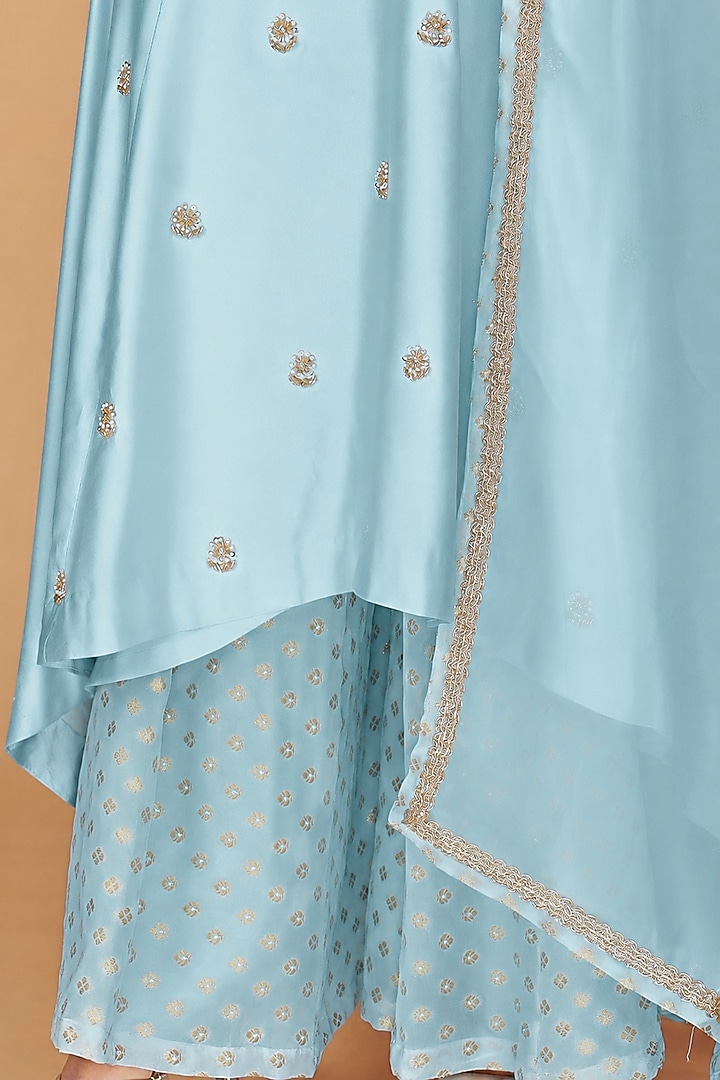 Light Blue Katan Silk Crystal Embroidered A-line Kurta Set by Milu Madan at Pernia's Pop Up Shop