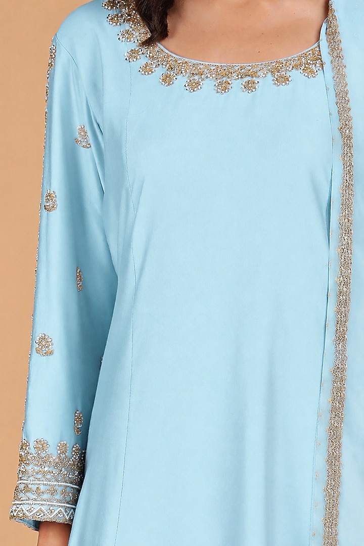 Light Blue Katan Silk Crystal Embroidered A-line Kurta Set by Milu Madan at Pernia's Pop Up Shop
