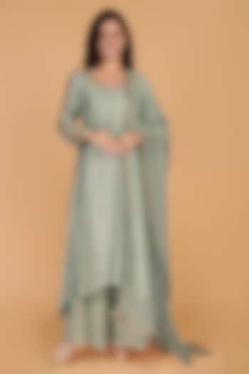 Olive Green Katan Silk Crystal Embroidered A-line Kurta Set by Milu Madan at Pernia's Pop Up Shop