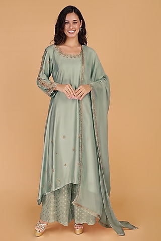 Olive Green Katan Silk Crystal Embroidered A-line Kurta Set by Milu Madan