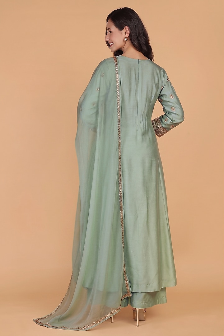 Olive Green Katan Silk Crystal Embroidered A-line Kurta Set by Milu Madan at Pernia's Pop Up Shop
