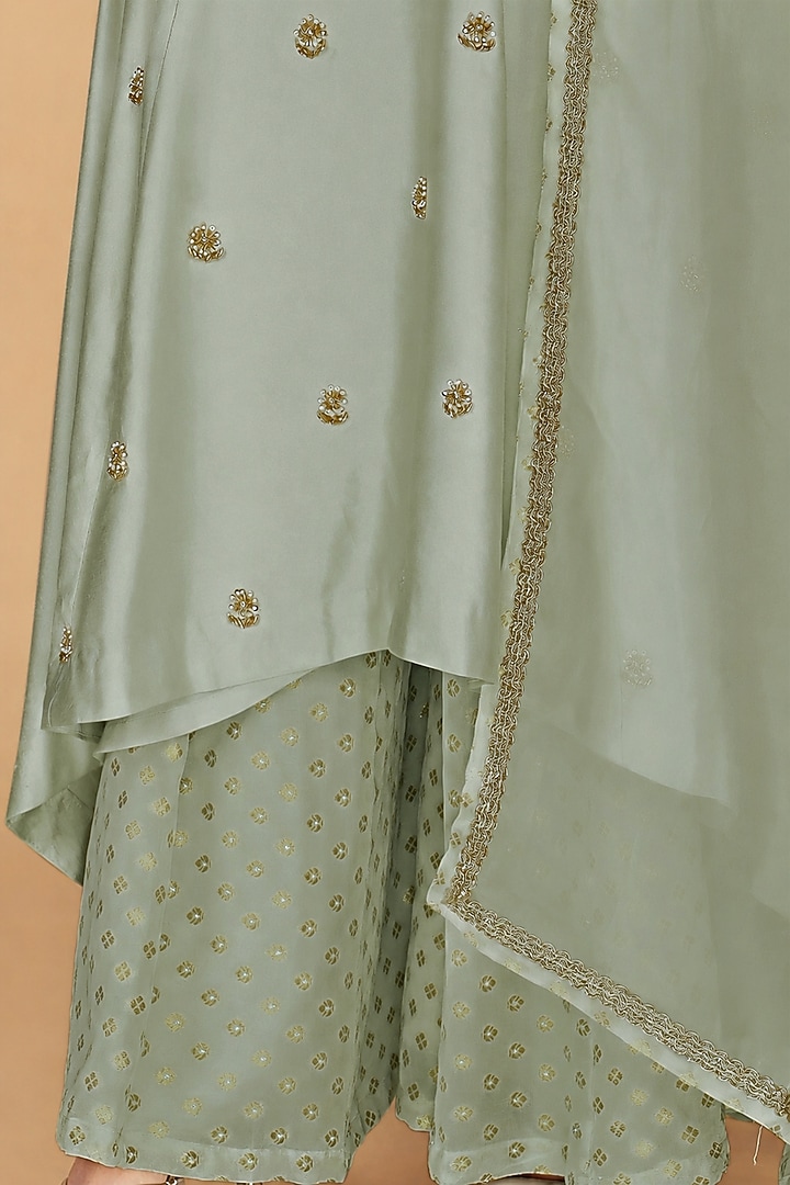 Olive Green Katan Silk Crystal Embroidered A-line Kurta Set by Milu Madan at Pernia's Pop Up Shop