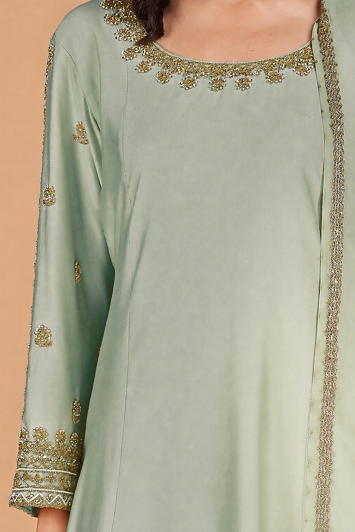 Olive Green Katan Silk Crystal Embroidered A-line Kurta Set by Milu Madan at Pernia's Pop Up Shop
