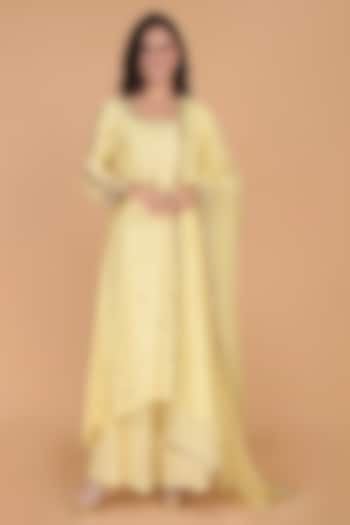 Light Yellow Katan Silk Crystal Embroidered A-line Kurta Set by Milu Madan at Pernia's Pop Up Shop