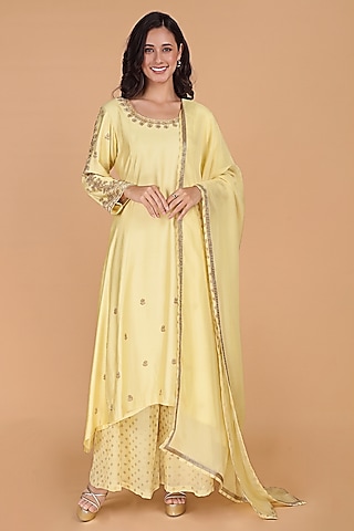 Light Yellow Katan Silk Crystal Embroidered A-line Kurta Set by Milu Madan