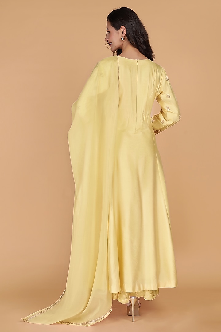 Light Yellow Katan Silk Crystal Embroidered A-line Kurta Set by Milu Madan at Pernia's Pop Up Shop