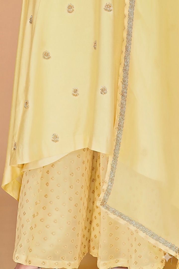 Light Yellow Katan Silk Crystal Embroidered A-line Kurta Set by Milu Madan at Pernia's Pop Up Shop