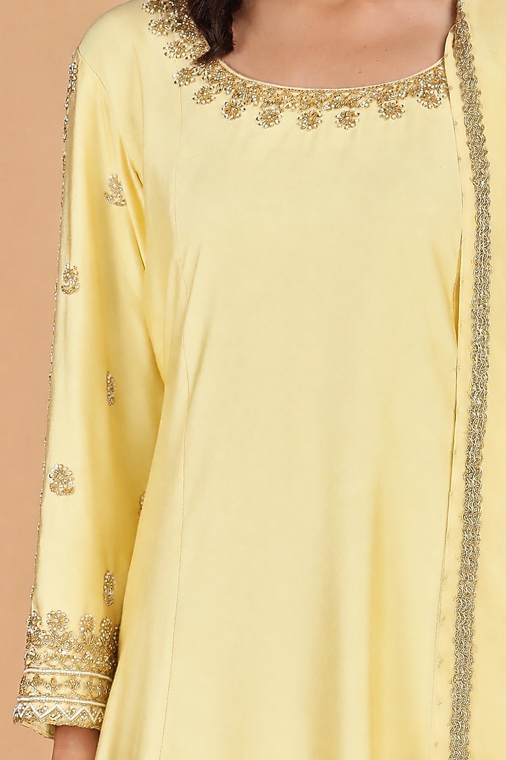 Light Yellow Katan Silk Crystal Embroidered A-line Kurta Set by Milu Madan at Pernia's Pop Up Shop
