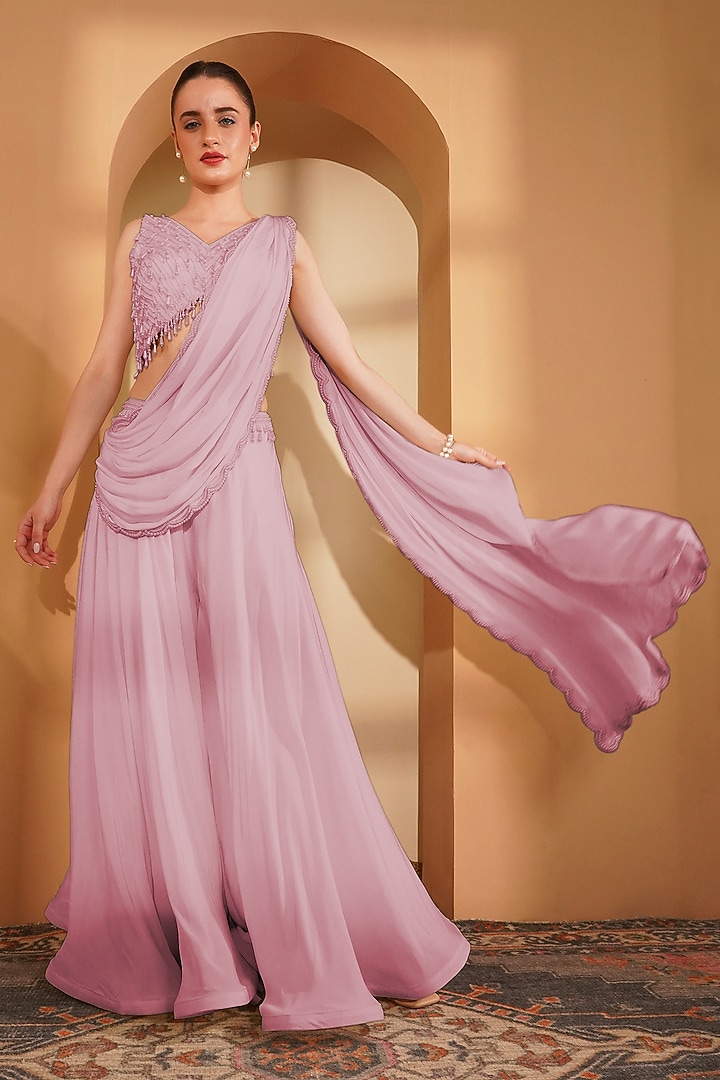 Pink Crepe Pearl Work Draped Wedding Sharara Set by Milu Madan at Pernia's Pop Up Shop