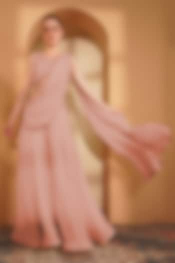 Peach Crepe Pearl Work Draped Wedding Sharara Set by Milu Madan at Pernia's Pop Up Shop