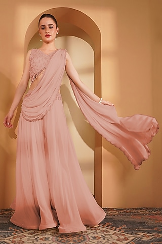Peach Crepe Pearl Work Draped Sharara Set by Milu Madan