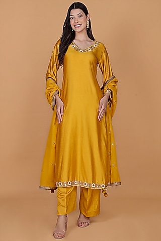 Mustard Yellow Katan Silk Cutdana Embroidered Kurta Set by Milu Madan