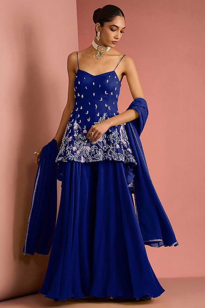 Dark Blue Viscose Georgette Party Wear Sharara Set by Milu Madan at Pernia's Pop Up Shop