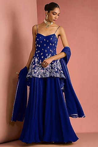 Dark Blue Viscose Georgette Sharara Set by Milu Madan