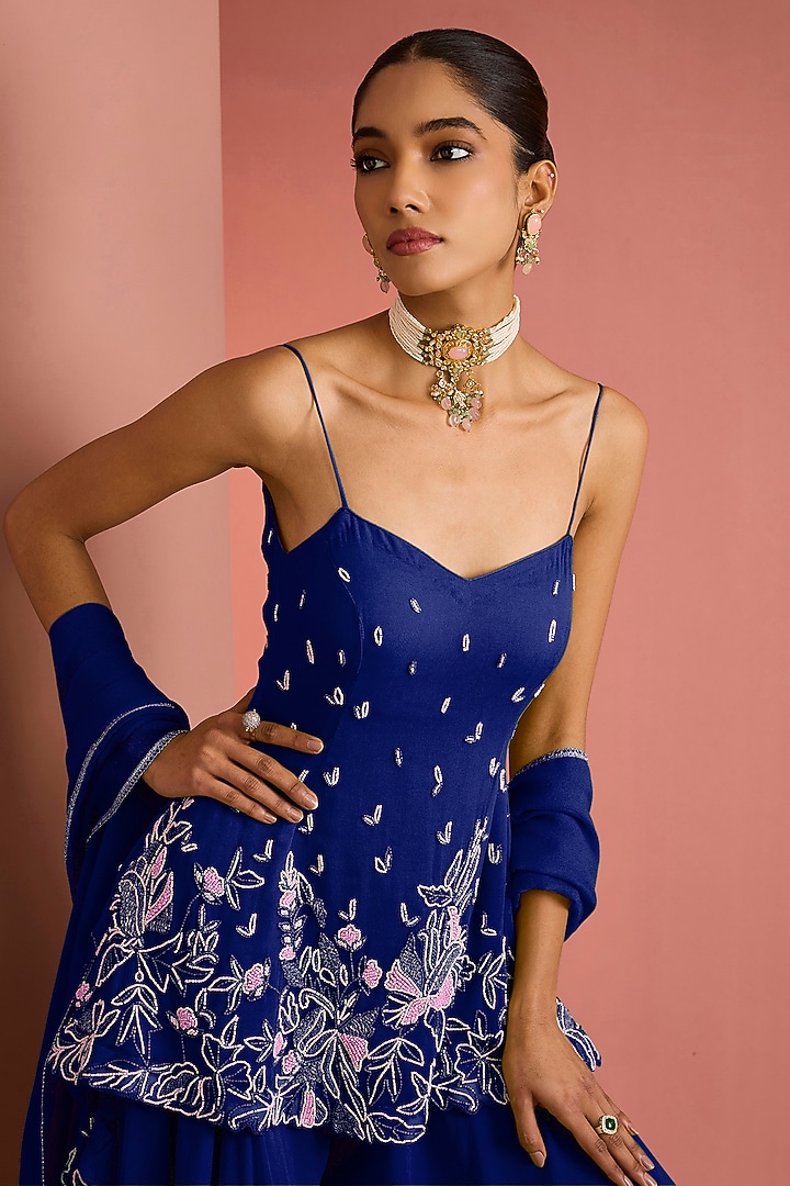 Dark Blue Viscose Georgette Party Wear Sharara Set by Milu Madan at Pernia's Pop Up Shop