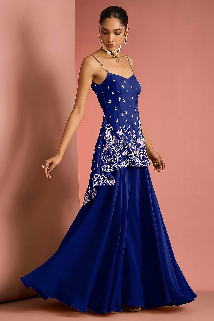 Dark Blue Viscose Georgette Party Wear Sharara Set by Milu Madan at Pernia's Pop Up Shop