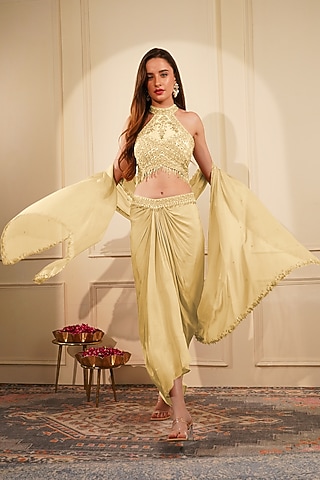 Cream Crepe Draped Skirt Set by Milu Madan