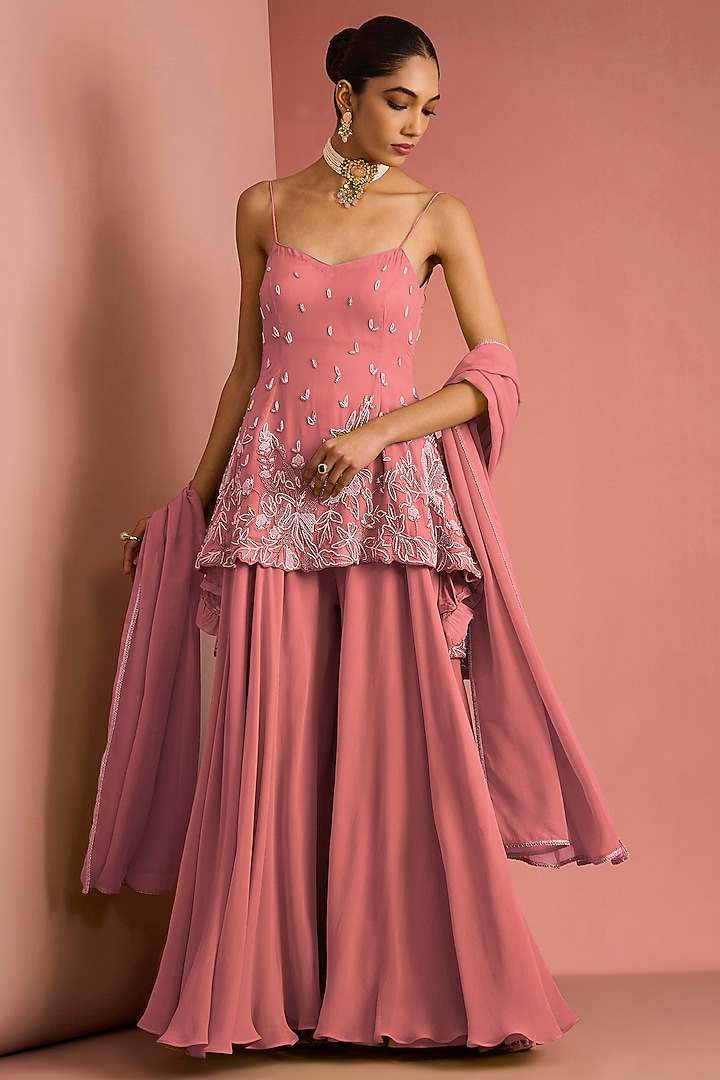 Coral Viscose Georgette Party Wear Sharara Set by Milu Madan at Pernia's Pop Up Shop