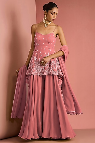 Coral Viscose Georgette Sharara Set by Milu Madan