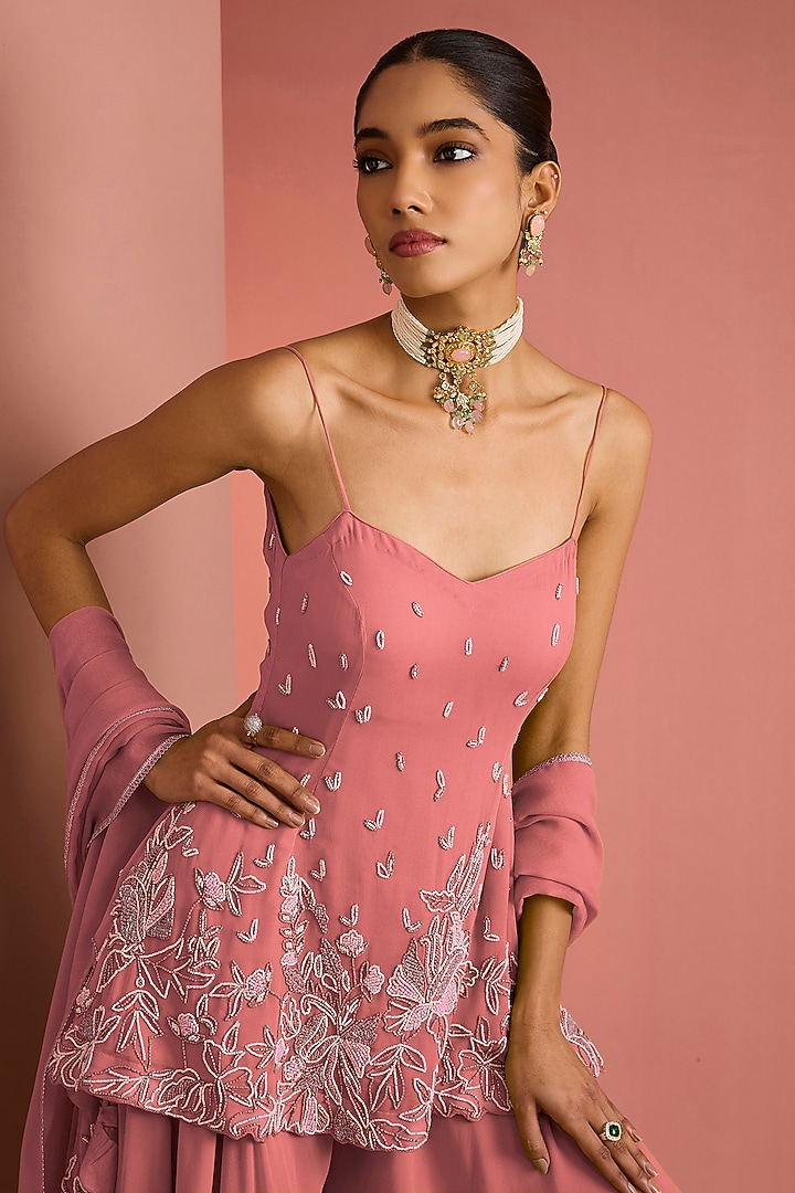 Coral Viscose Georgette Party Wear Sharara Set by Milu Madan at Pernia's Pop Up Shop