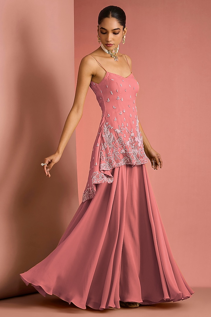 Coral Viscose Georgette Party Wear Sharara Set by Milu Madan at Pernia's Pop Up Shop