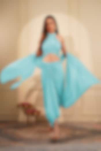 Light Blue Crepe Draped Skirt Set by Milu Madan at Pernia's Pop Up Shop