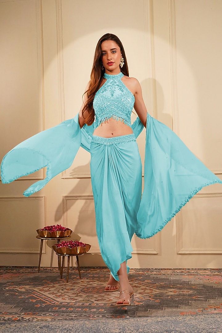 Light Blue Crepe Draped Skirt Set by Milu Madan at Pernia's Pop Up Shop