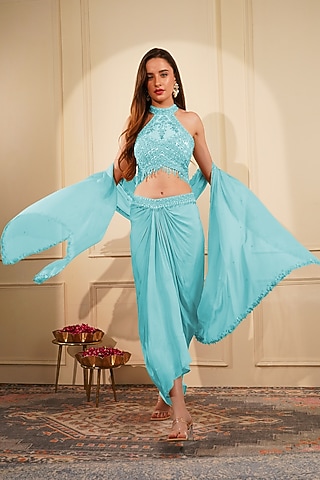 Light Blue Crepe Draped Skirt Set by Milu Madan