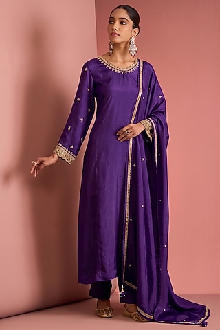 Dark Purple Viscose Silk Cutdana Embroidered Kurta Set by Milu Madan