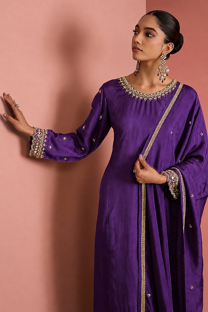 Dark Purple Viscose Silk Cutdana Embroidered Kurta Set by Milu Madan at Pernia's Pop Up Shop