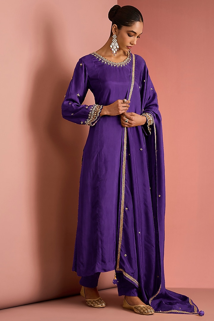 Dark Purple Viscose Silk Cutdana Embroidered Kurta Set by Milu Madan at Pernia's Pop Up Shop