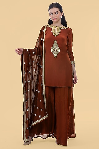 Brown Crepe Cutdana Embroidered Kurta Set by Milu Madan
