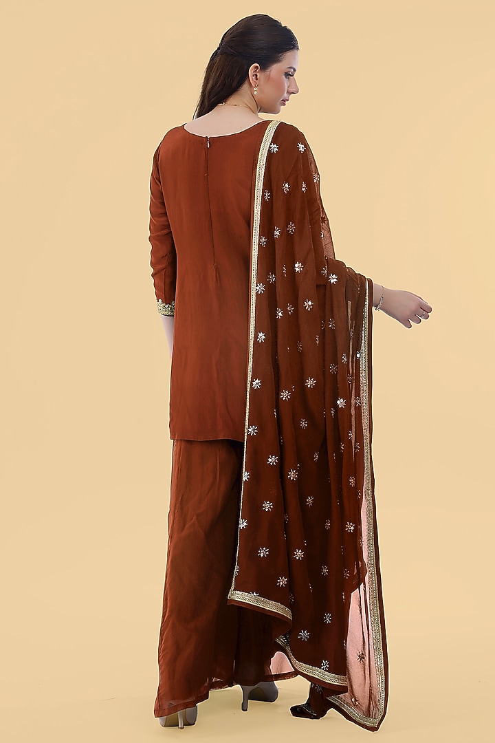 Brown Crepe Cutdana Embroidered Kurta Set by Milu Madan at Pernia's Pop Up Shop