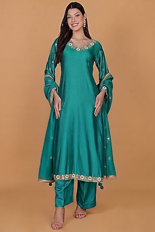 Teal Katan Silk Cutdana Embroidered Kurta Set by Milu Madan